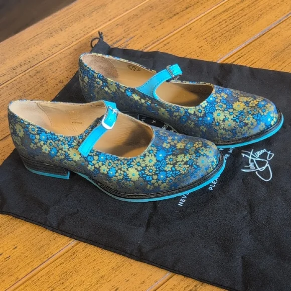 John Fluevog Teal and Gold Floral Mary Jane Flats - Picture 3 of 9